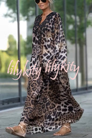 Rayna Lace Mixed Leopard Print Balloon Sleeve A-line Maxi Dress