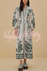 Forest Soul Unique Print Button Down Long Sleeve Shirt Maxi Dress