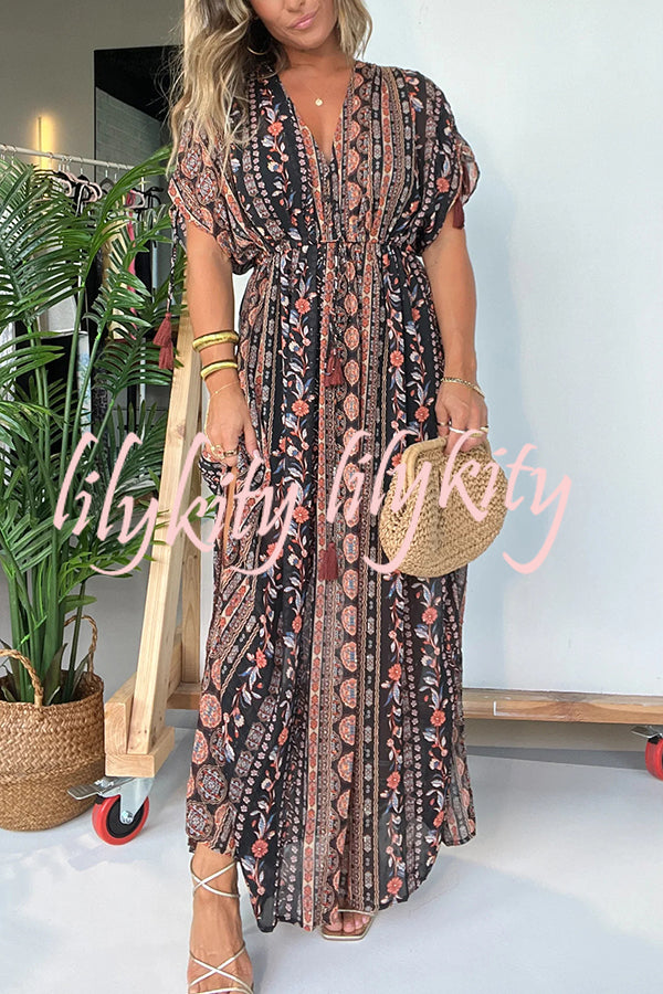 Ethnic Style Unique Print V-neck Loose Maxi Dress