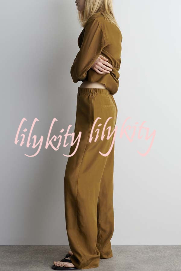 Bella Satin Drape Collar Single Button Casual Blazer and Elastic Waist Pocket Loose Pants Set