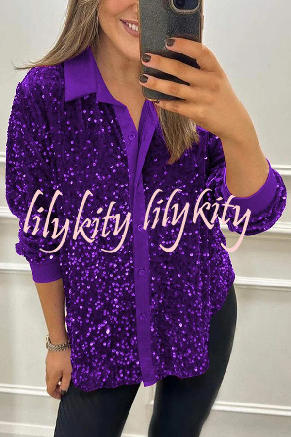 Fashion Velvet Sequined Loose Casual Long-sleeved Shirt