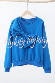 Solid Color Round Neck Long Sleeve Bow Loose Sweatshirts