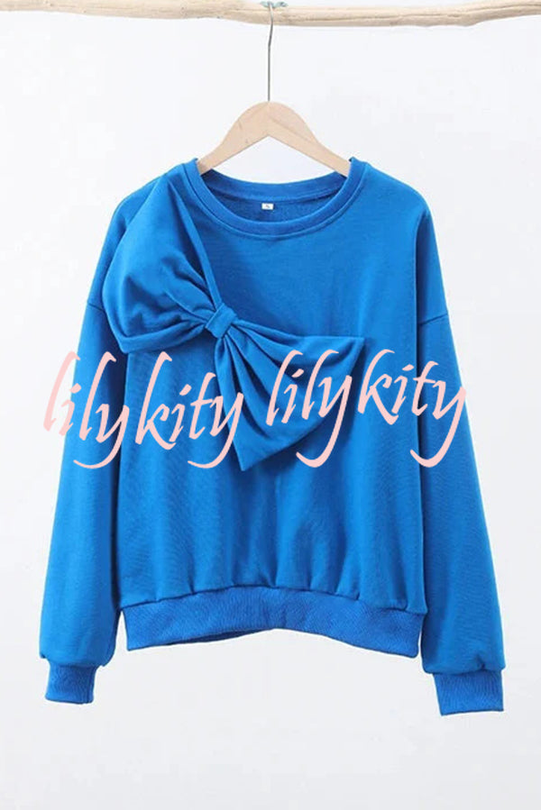 Solid Color Round Neck Long Sleeve Bow Loose Sweatshirts