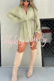 Solid Color Long Sleeve Button Casual Shirt-Style Rompers