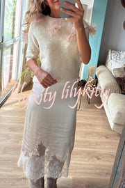 Alboran Knit Organza Flowers Detail Short Sleeve Loose Sweater