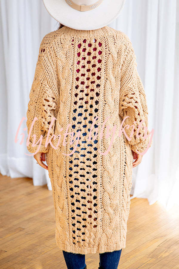 Jamila Knit Cable Cotout Long Sleeve Pocket Oversized Midi Cardigan