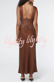 Wonderful Fusion Satin Lace Trim Poka Dot V-neck Drape Maxi Dress