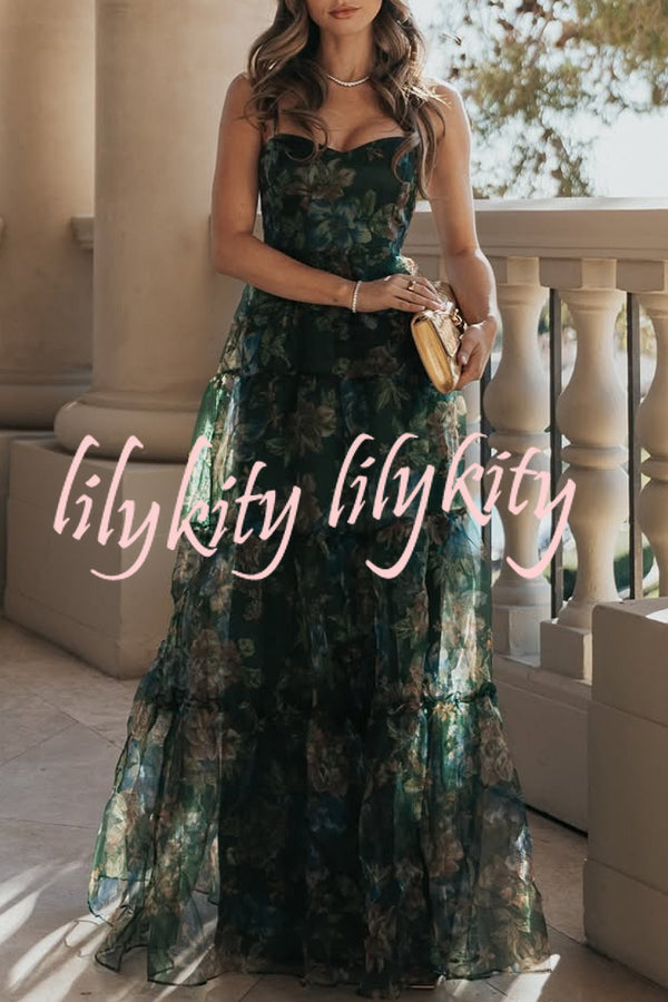 Exclusive Glamour Organza Floral Print Tiered Slip Maxi Dress
