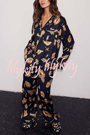 Golden Night Unique Print Color-block Trim Loose Shirt and Elastic Waist Pocketed Pajama Set
