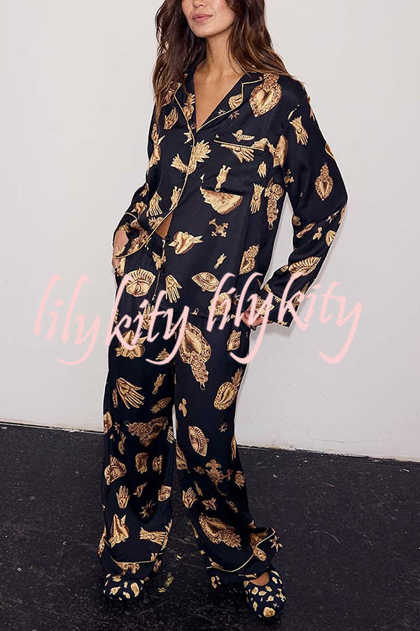 Golden Night Unique Print Color-block Trim Loose Shirt and Elastic Waist Pocketed Pajama Set