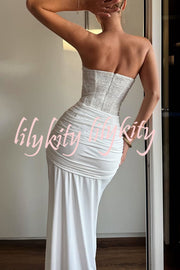 Carina Sequined and Satin Jersey Off Shoulder Ruched Knot Drape Maxi Dress