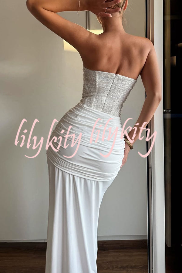 Carina Sequined and Satin Jersey Off Shoulder Ruched Knot Drape Maxi Dress