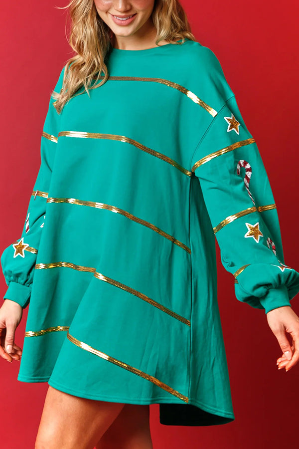 Christmas Candy Sequin Loose Long Sleeve Casual Mini Dress