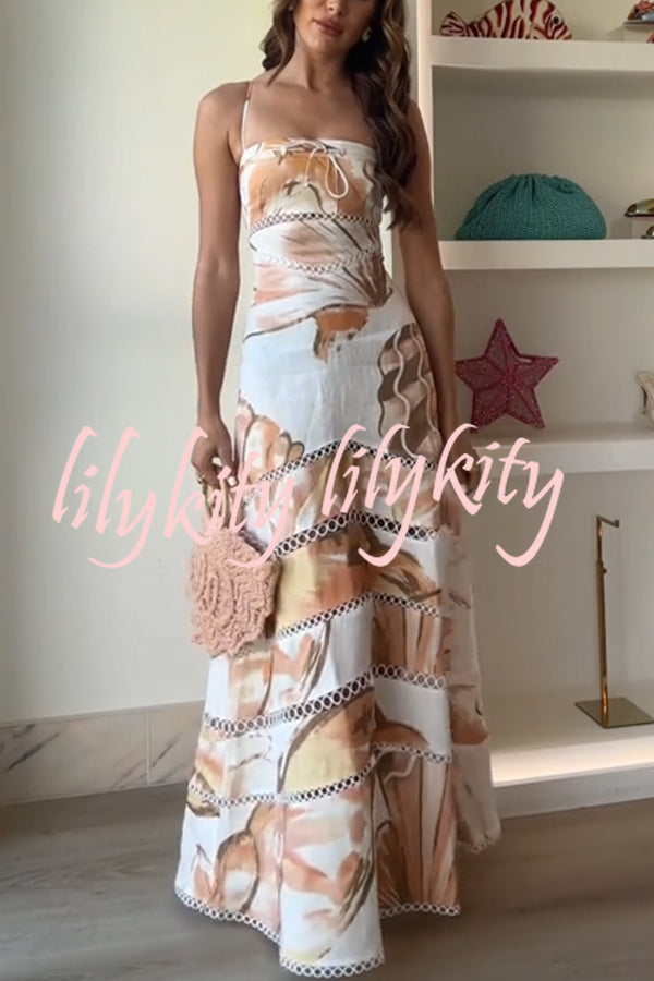 Daje Linen Blend Unique Print Round Hollow Trim Tie-up Bust Slip Maxi Dress