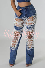 Stylish Multi-layered Pearl Chain Ripped Pocket Straight Jeans