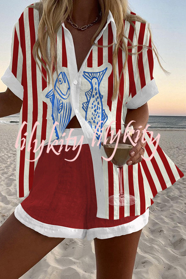 Striped Fish Print Loose Button Elastic Waist Shorts Set