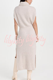 Solid Color Sleeveless Knitted Elegant Waist Midi Dress