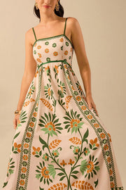 Unique Printed Sling Back Pleated Loose Holiday Maxi Dress