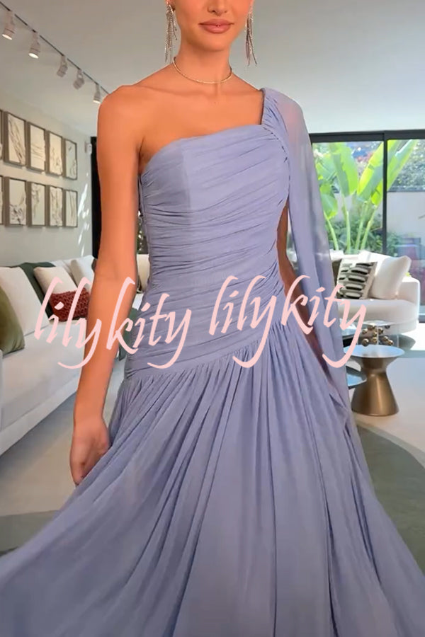 End of Light Chiffon One Shoulder Single-sleeve Shawl Ruched Maxi Dress