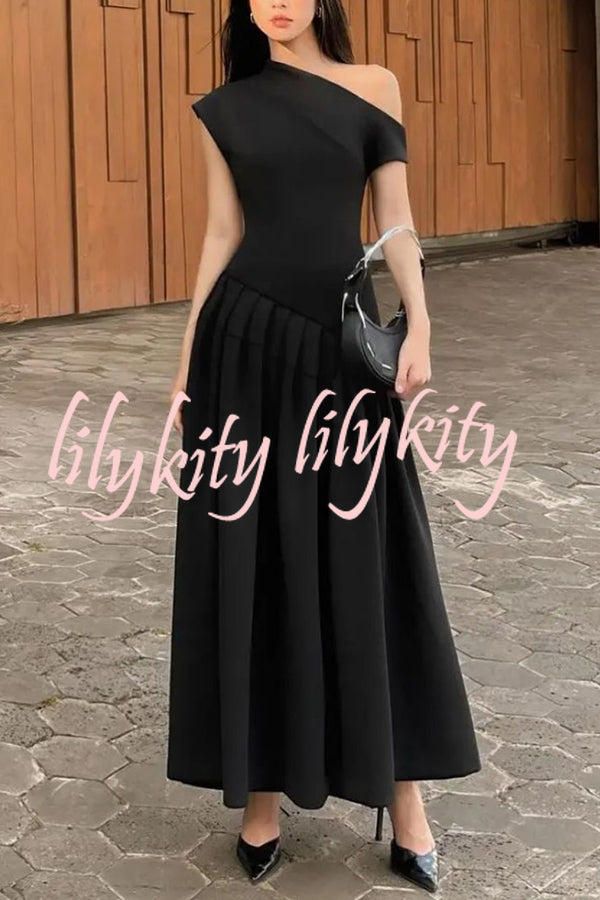 Fashionable Slope Neck Slim Fit Large Hem Maxi Dress