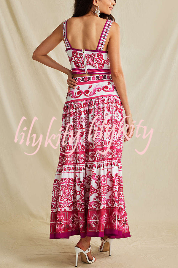 Unique Printed Sexy Sling Tank and Elastic Waist Large Hem Maxi Skirt Set