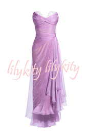 Julie Tulle Lace Trim Off Shoulder Ruched Back Lace-up Drape Slit Maxi Dress