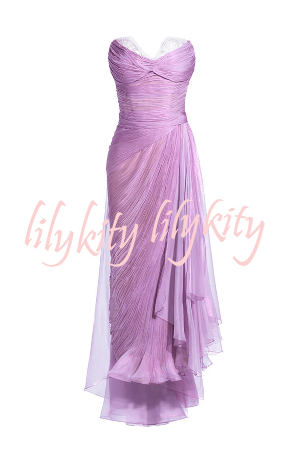 Julie Tulle Lace Trim Off Shoulder Ruched Back Lace-up Drape Slit Maxi Dress