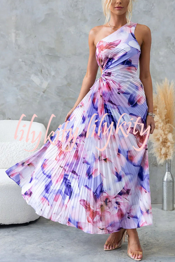 Laken Floral Print One Shoulder Adjustable Tie Cutout Pleated Maxi Dress