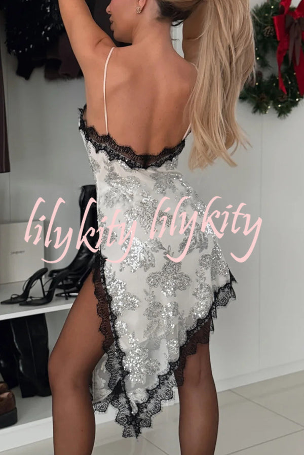 Charming and Romantic Floral Sequin Lace Trim Irregular Slit Hem Slip Mini Dress