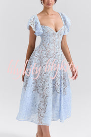 Romantic Atmosphere Bluebell Lace Butterfly Sleeve Sweetheart Neck Stretch Midi Dress