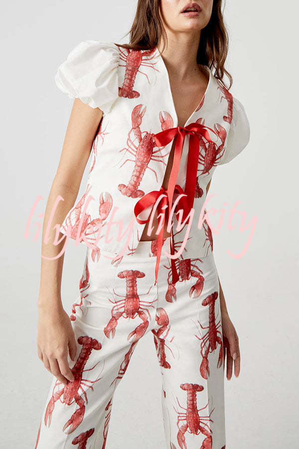 Fun Vacation Lobster Print Front Tie-up Puff Sleeve Loose Shirt