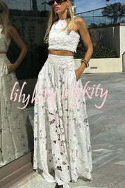 Next Trip Floral Embroidery Crochet Lace Crop Tank Top and Elastic Waist Pocket Maxi Skirt Set