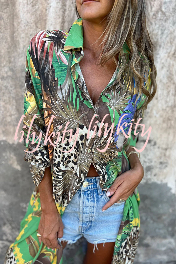 Jungle Miracle Animal Unique Print Button Long Sleeve Midi Relaxed Blouse