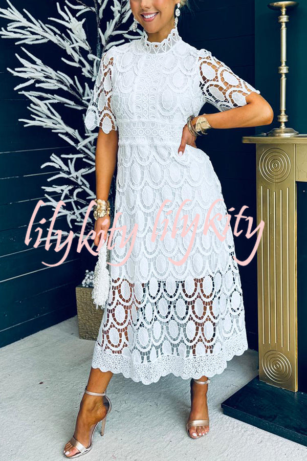 Elegant Crocheted Cutout Lace Short-sleeved Stand-collar Midi Dress