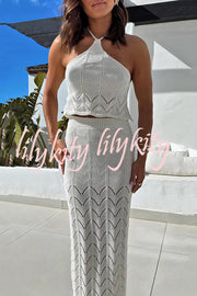 Solid Knit Hollow Halter Top and Stretch Fit Maxi Skirt Set
