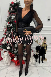 Whisper and Wine Sheer Tulle Sequin Patchwork V-neck Long Sleeve Mini Dress