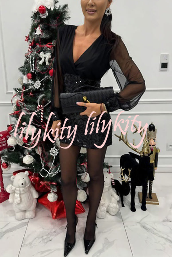 Whisper and Wine Sheer Tulle Sequin Patchwork V-neck Long Sleeve Mini Dress