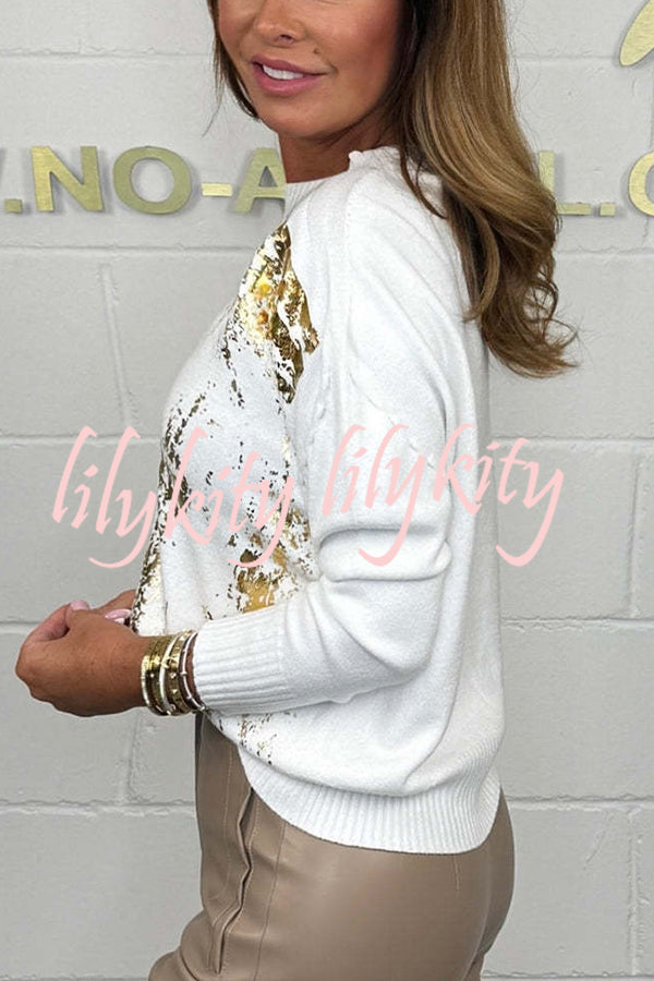 Fashionable Gold Stamping Printed Round Neck Long Sleeve Loose Sweater