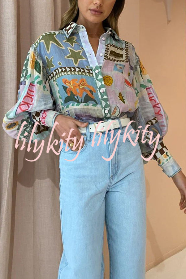 Fun and Nostalgic Unique Print Balloon Sleeve Button Loose Shirt