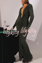 Solid Color Shiny Sexy V-neck Long Sleeve Ribbon Slit Slim Fit Maxi Dress