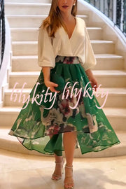 Tessy Batwing Sleeve Top and Floral Elastic Waist Pearls Detail High Low Midi Skirt Set