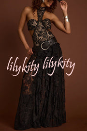 A Girls' Trip Lace High Neck Cutout Drop Waist Ruffles Maxi Dress