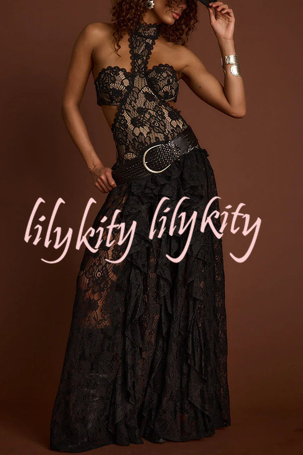 A Girls' Trip Lace High Neck Cutout Drop Waist Ruffles Maxi Dress