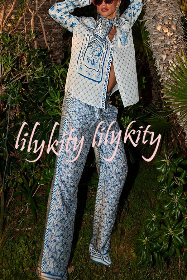 Stylized Dragon Satin Unique Print Long Sleeve Loose Shirt and Elastic Waist Pants Set