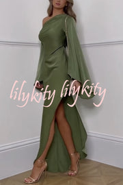 Zayla Satin Asymmetrical One Shoulder Bell Sleeve Slit Maxi Dress