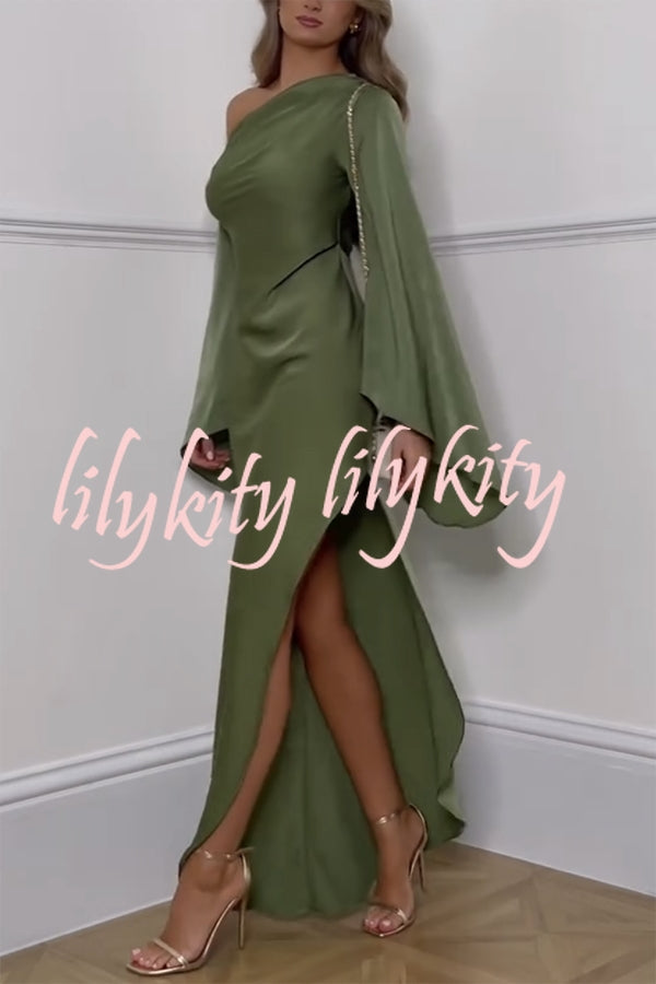 Zayla Satin Asymmetrical One Shoulder Bell Sleeve Slit Maxi Dress