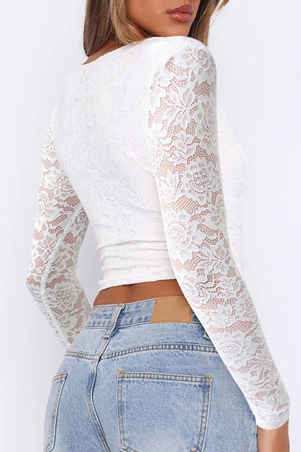 Sexy V-neck Long-sleeved Slim Lace Top