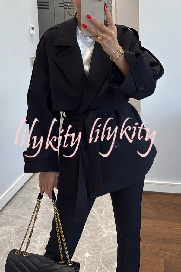 Modern Urban Dropped Shoulder Strap Button Detail Belted Lapel Loose Trench Coat