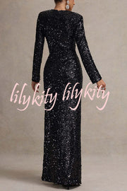 My Dreams Sparkle Sequin Square Neck Long Sleeves Slit Maxi Dress