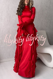 Cline Solid Color High Neck Long Sleeve Elegant Ruffles Maxi Dress